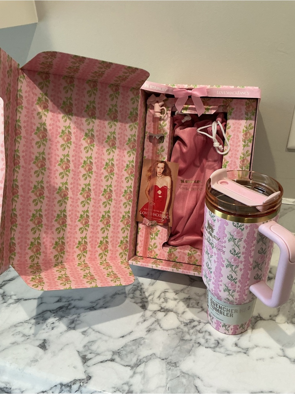 LoveShackFancy Stanley Pink Floral Travel Tumbler with Gold Accent